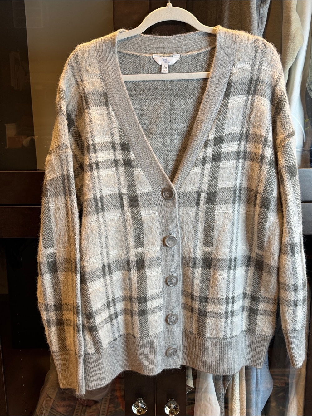 TIME & TRU Gray Fuzzy Plaid Button-Front Cardigan